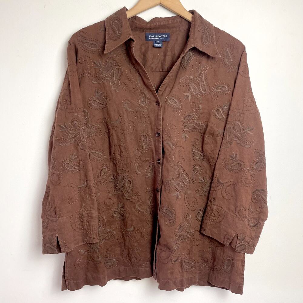 Vintage 90s Brown Linen Embroidered Shirt Sz‎ 2XL Cottage Earthy Granola Fairy